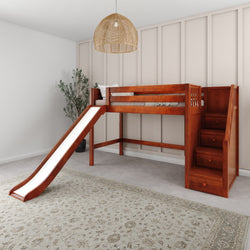 Wood loft bed with slide and staircase in modern bedroom.