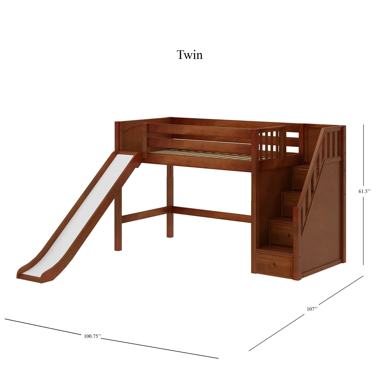 Wooden twin loft bed with slide and staircase, ideal for children's bedroom furniture.