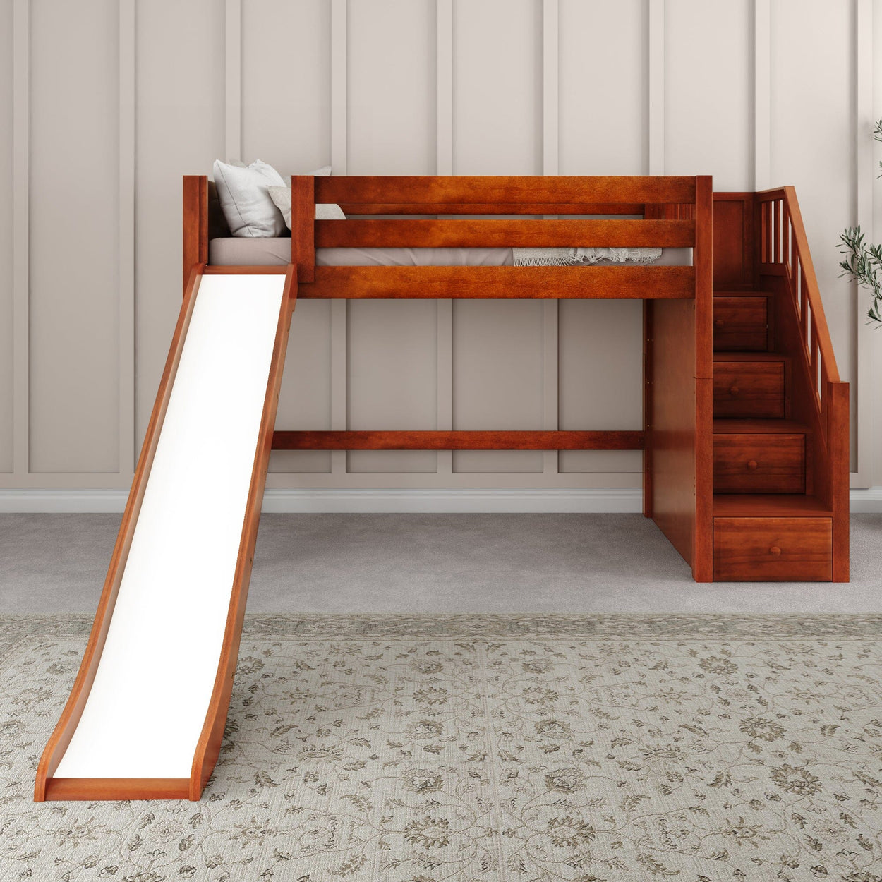 Wooden loft bed with slide and stairs, ideal for children's bedroom furniture.