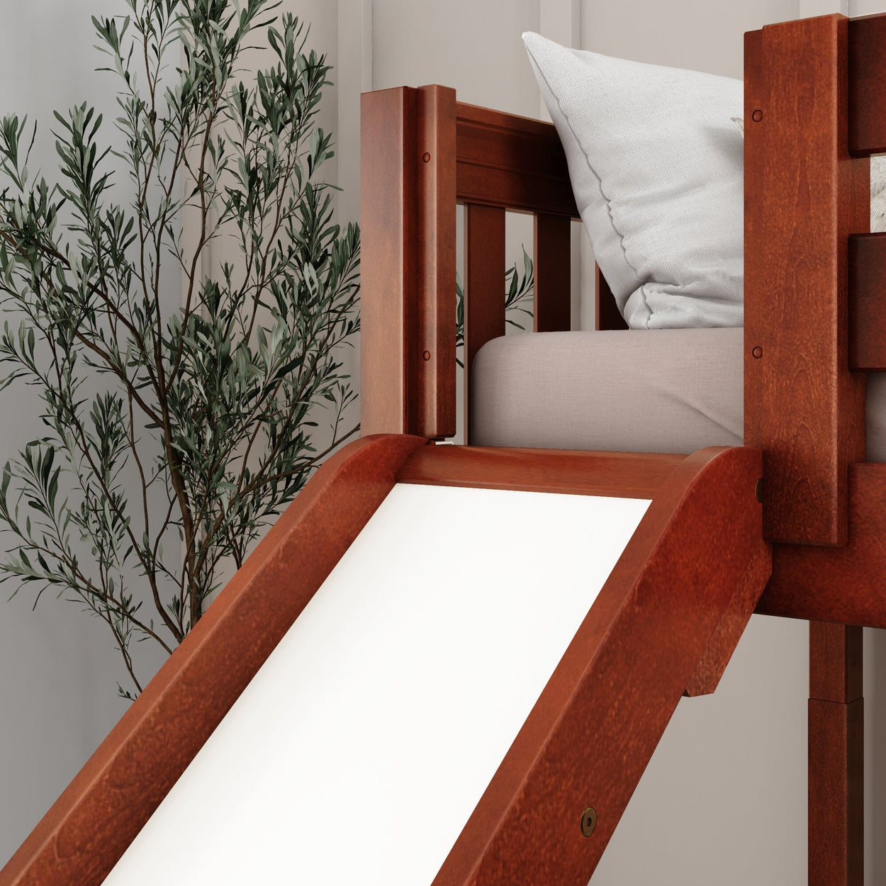 Wooden loft bed with slide in modern bedroom interior design.