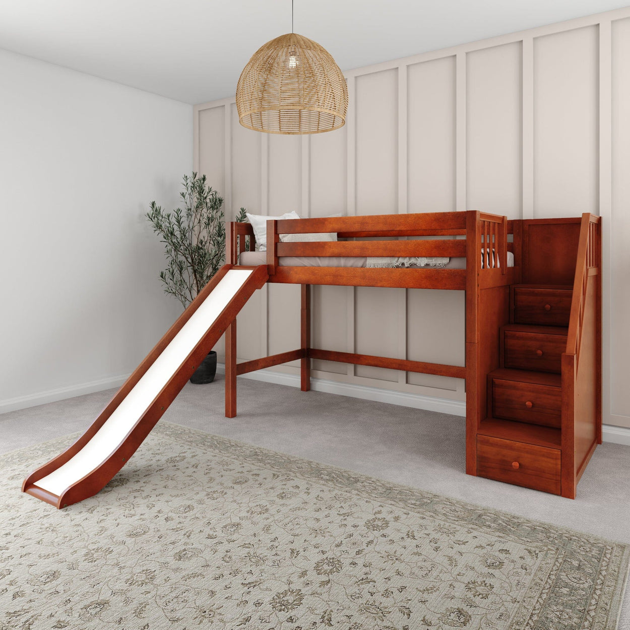 Wooden loft bed with slide and stairs in modern kids' bedroom.