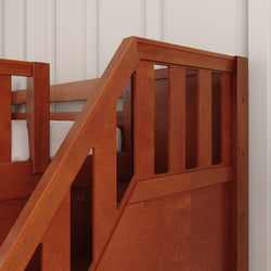 Wooden staircase detail of a bunk bed with safety railing and modern design.
