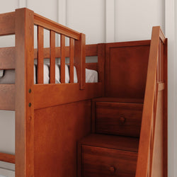 Wooden bunk bed with built-in storage stairs and railings for safety.