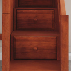 Wooden staircase drawers with rich brown finish.