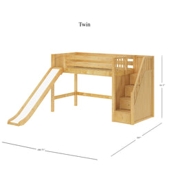 Twin loft bed with slide and staircase, natural wood finish, perfect for kids' bedroom space-saving furniture.