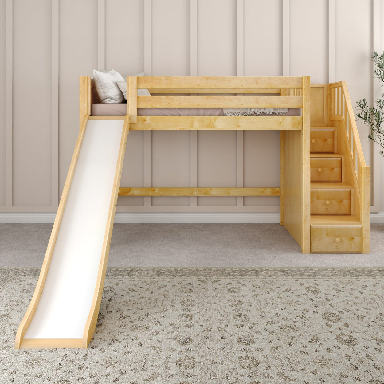 Wooden loft bed for kids with slide and stairs, perfect for fun and functional bedroom decor.