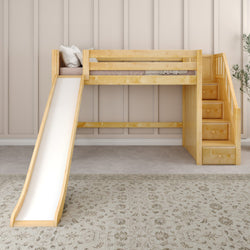 Wooden loft bed for kids with slide and stairs, perfect for fun and functional bedroom decor.