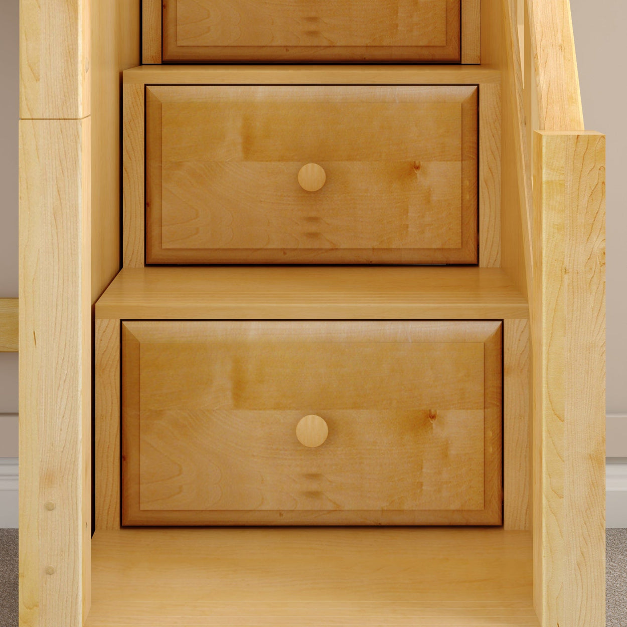 Wooden staircase with built-in storage drawers for space-saving solutions.