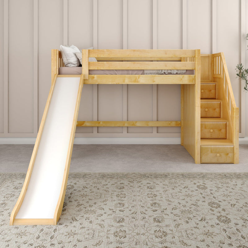 Kids loft bed with slide and built-in storage stairs, natural wood bunk bed in neutral beige kids’ bedroom with pillows and patterned rug