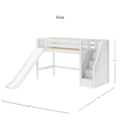 Twin white loft bed with slide and stairs, dimensions 100.75" x 107" x 61.5".