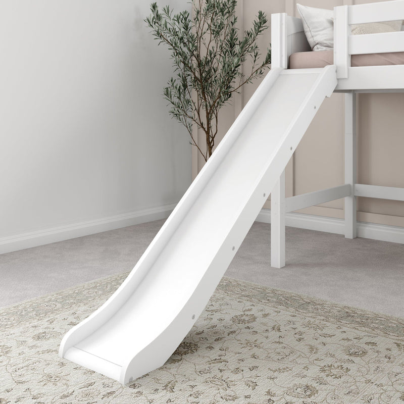 White wooden loft bed with slide in minimalist beige kids' bedroom, pink bedding, throw pillows and indoor plant