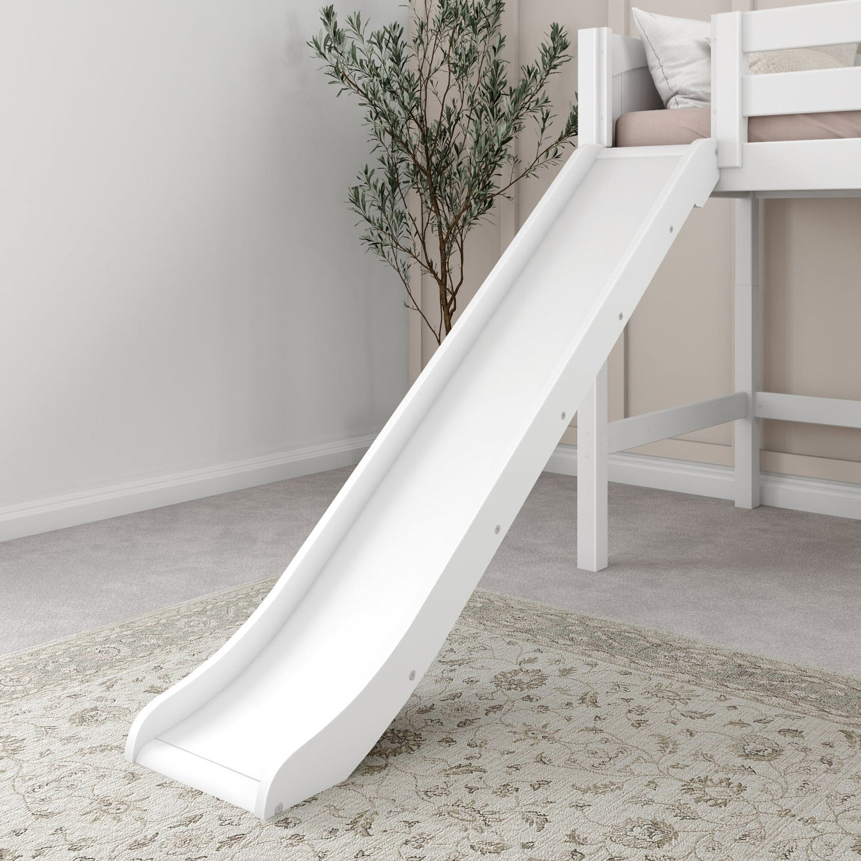Kids' white wooden slide attached to loft bed in cozy bedroom.