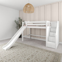 White wooden loft bed with slide and storage drawers in a modern child’s room with beige walls and a woven pendant light.