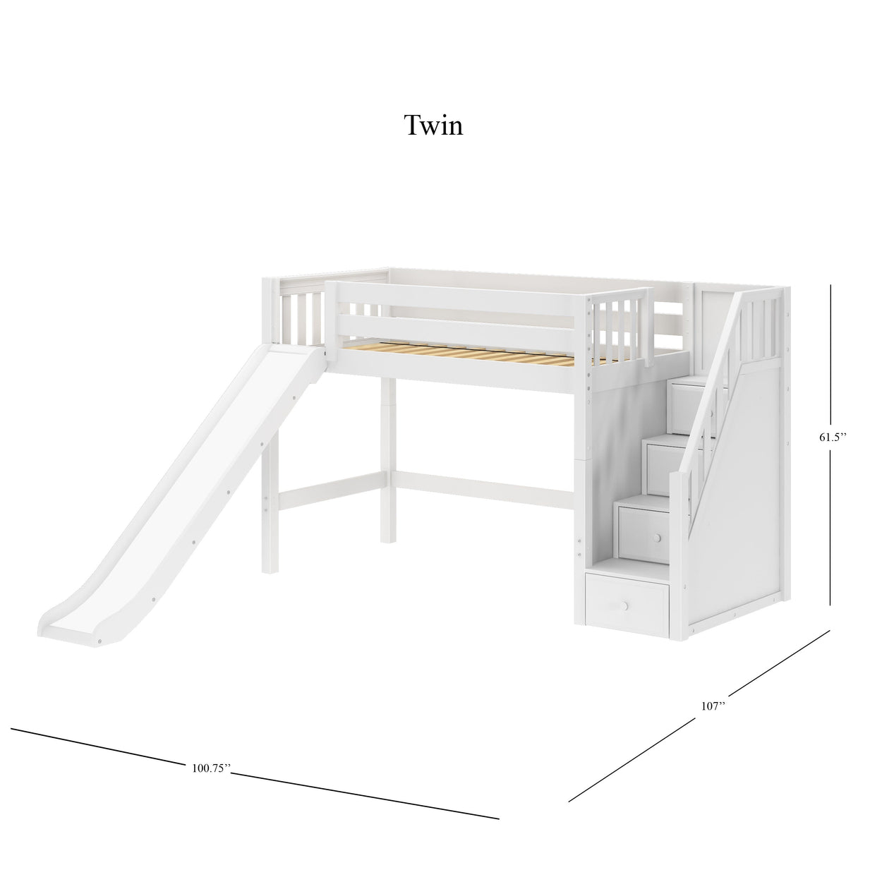 Twin loft bed with slide and storage stairs, dimensions shown, in white finish.