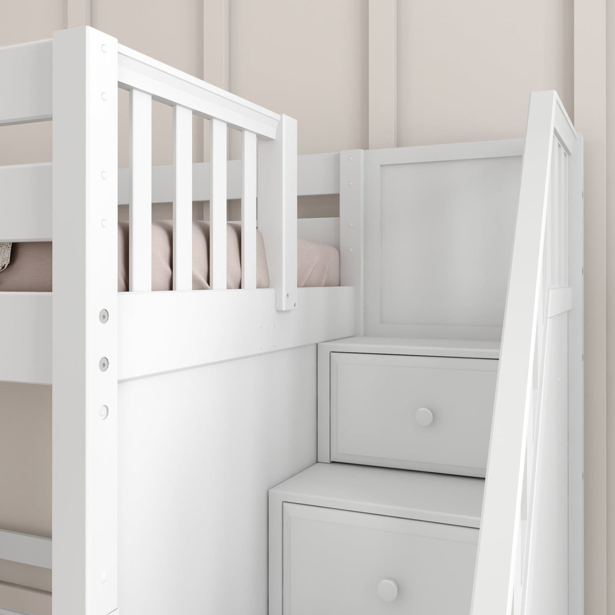 White bunk bed with integrated storage drawers, perfect for optimizing small bedroom spaces.