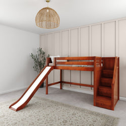 Wooden loft bed with slide and stairs in modern children's bedroom.
