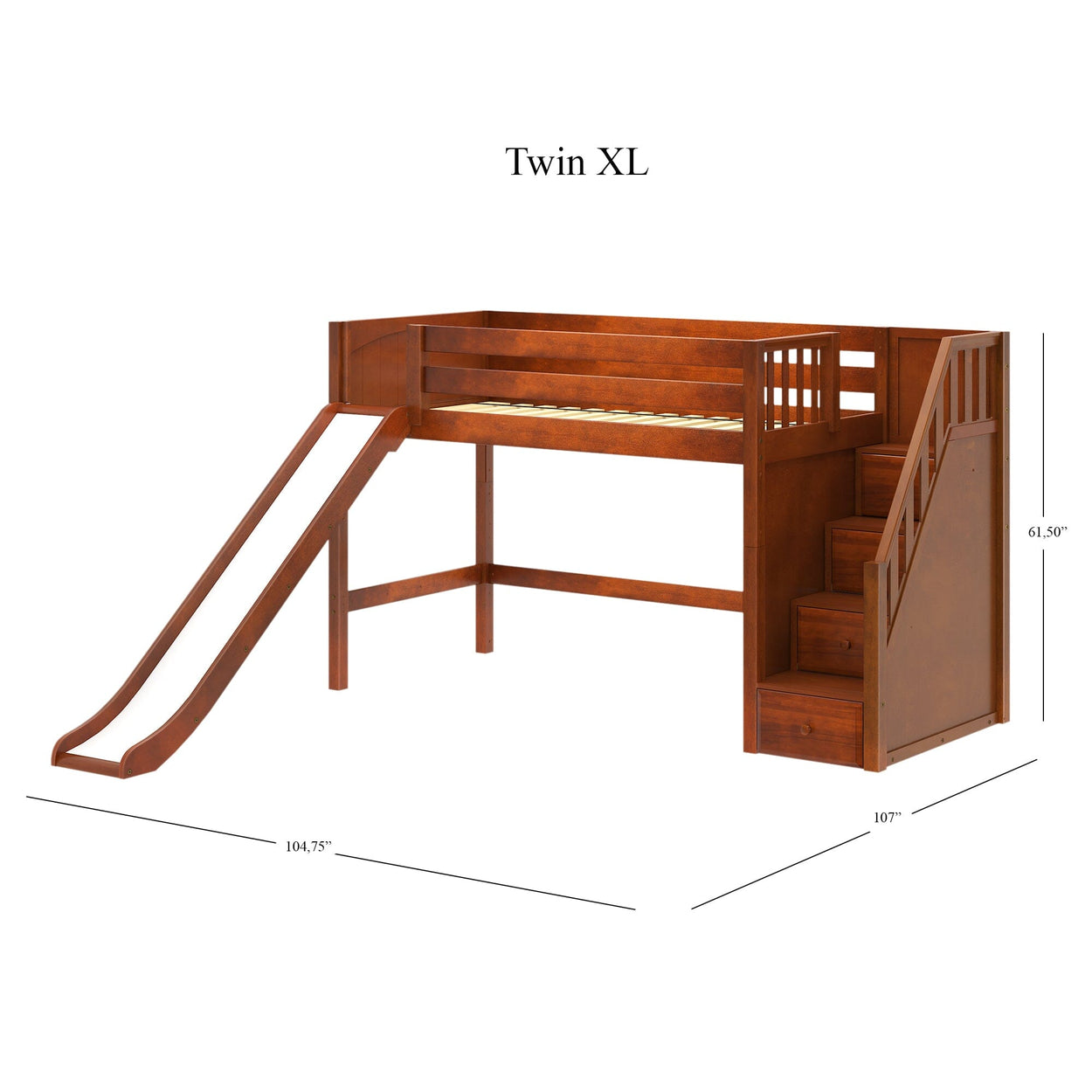 Twin XL wooden loft bed with slide and staircase, dimensions 104.75 inches by 107 inches by 61.50 inches, ideal for kids' bedrooms.