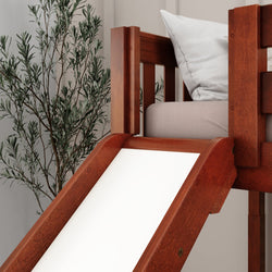 Wooden slide bed with cushion in modern bedroom decor.