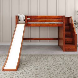 Kids' wooden loft bed with slide and stairs in a modern bedroom setting.