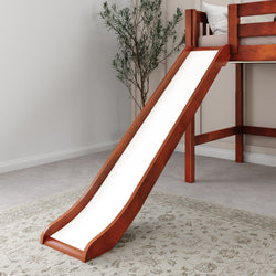 Wooden bunk bed with slide in a modern bedroom setting.