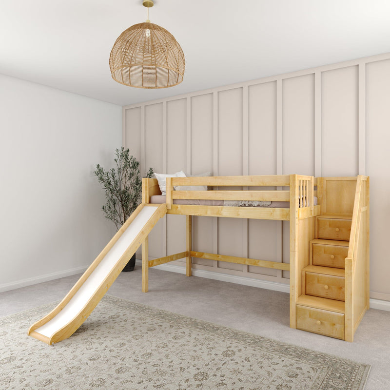 Wooden loft bed with slide and built-in storage stairs in a neutral modern children's bedroom with rattan pendant light and paneled accent wall