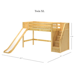 Twin XL wooden loft bed with slide and stairs, natural finish, dimensions 104.75" x 107" x 61.50".