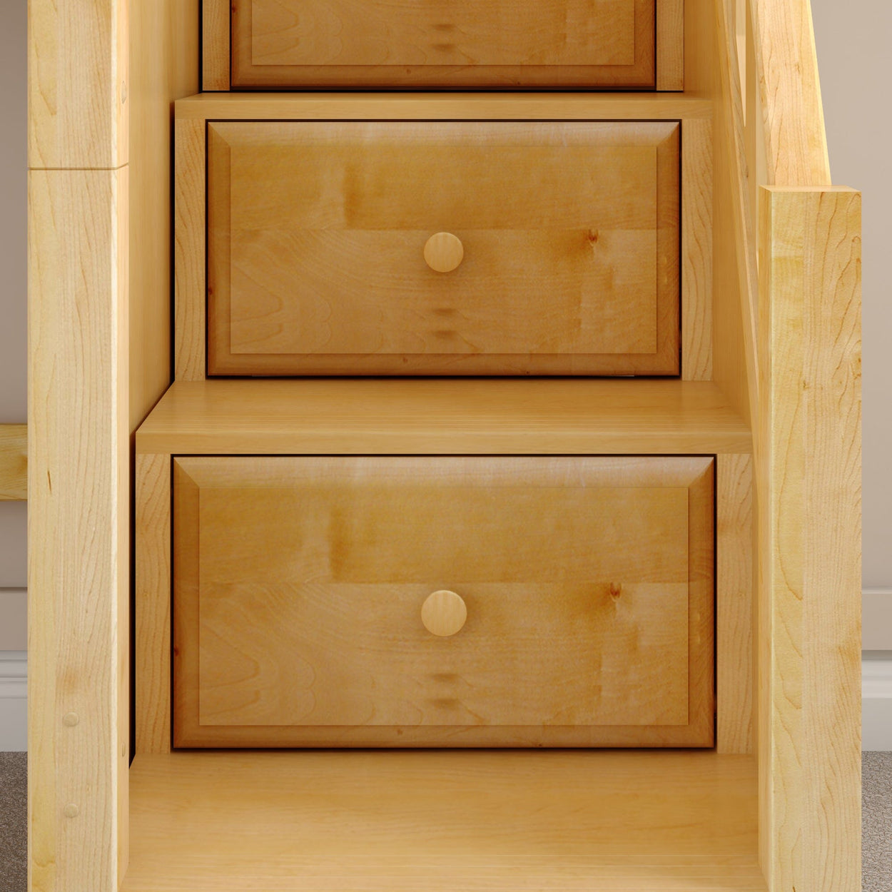 Wooden staircase with built-in drawers for space-saving storage.