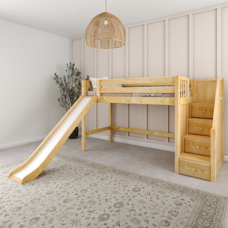Wooden kids loft bed with slide and storage stairs in neutral children's bedroom with wicker pendant light and potted plant