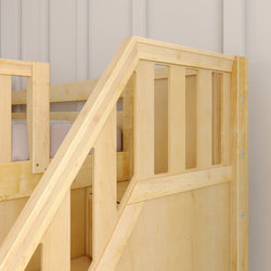 Wooden bunk bed with stairs and storage in a cozy, modern bedroom setup.