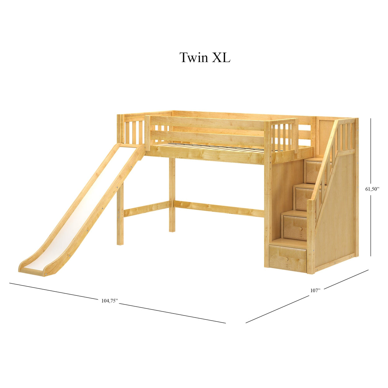 Twin XL wooden loft bed with slide and built-in staircase, ideal for kids' rooms.