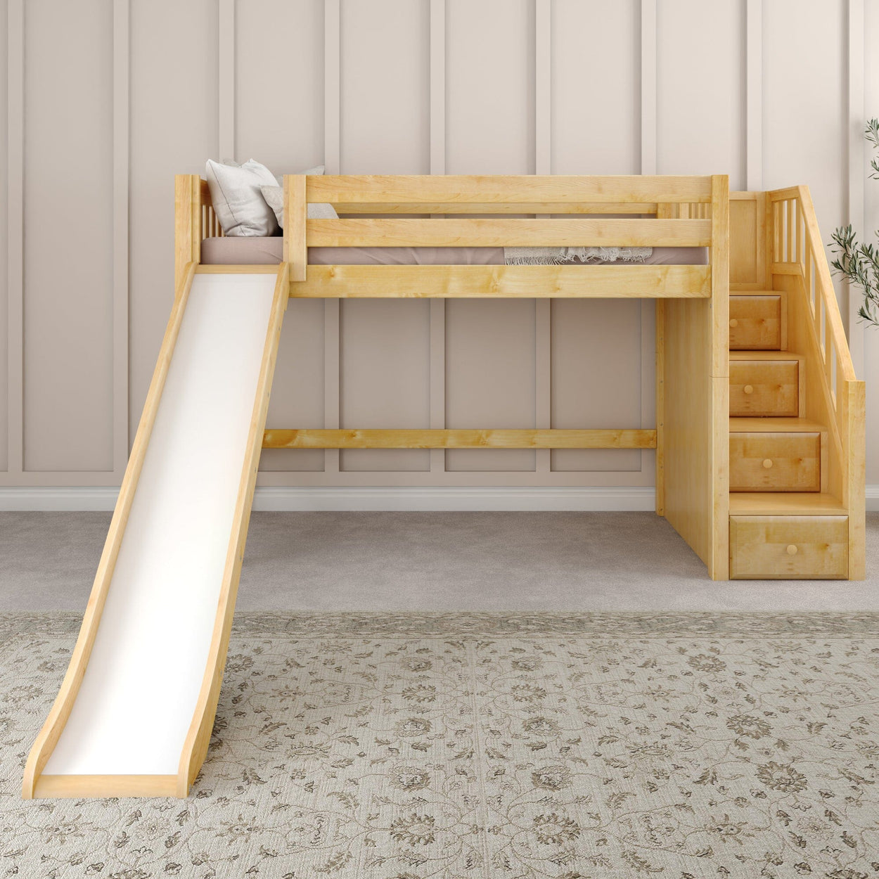Children's wooden loft bed with slide and stairs in a modern bedroom.