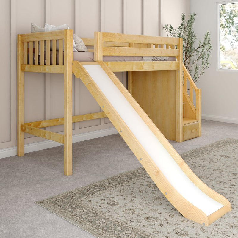 Light natural wood kids loft bed with slide and built-in storage stairs in a modern neutral bedroom