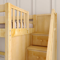 Wooden bunk bed with built-in storage drawers and stairs for space-saving bedroom solutions.