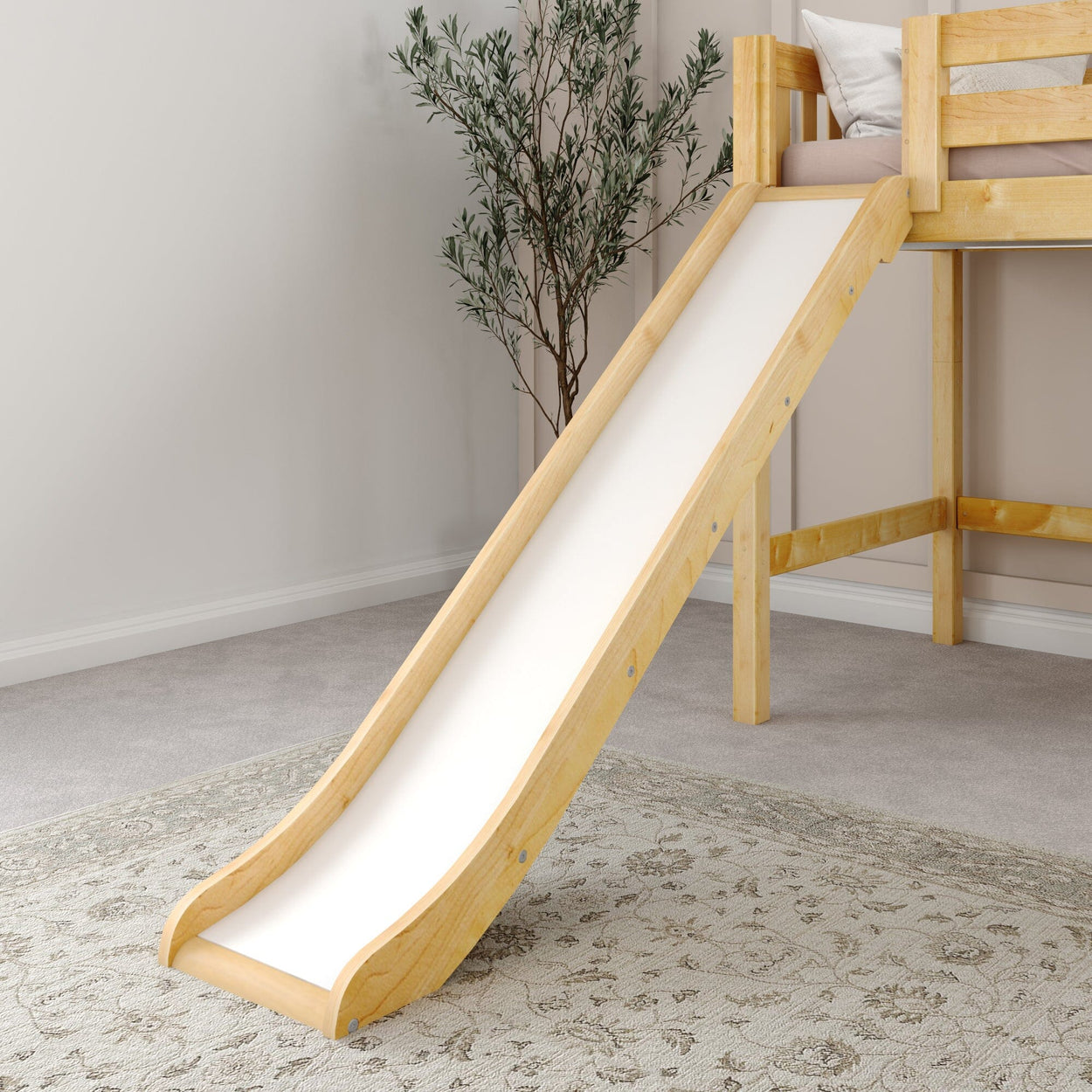 Wooden loft bed with attached slide in a cozy bedroom setting.