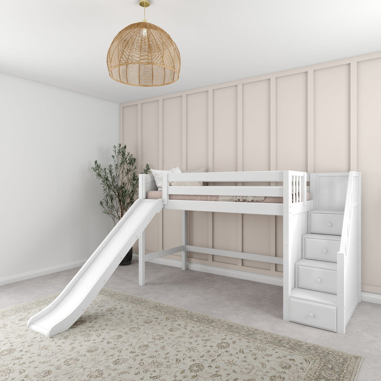 White loft bed with slide and storage stairs in stylish child’s bedroom.