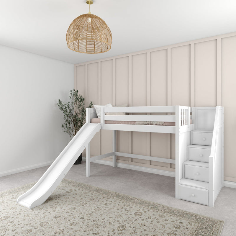 White kids loft bunk bed with slide and built-in storage stairs in a neutral children’s bedroom featuring a board-and-batten accent wall, boho rattan pendant light, and potted plant