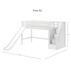 White Twin XL loft bed with slide and storage stairs, dimensions 104.75" x 107" x 61.50".