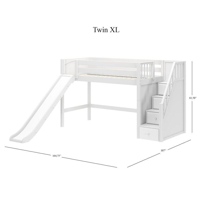 White Twin XL loft bed with slide and built-in storage stairs, wooden kids bunk bed, space-saving design, dimensions 107 in x 104.75 in x 61.5 in