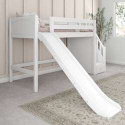 White kids loft bed with slide and storage stairs in a cozy children's room.