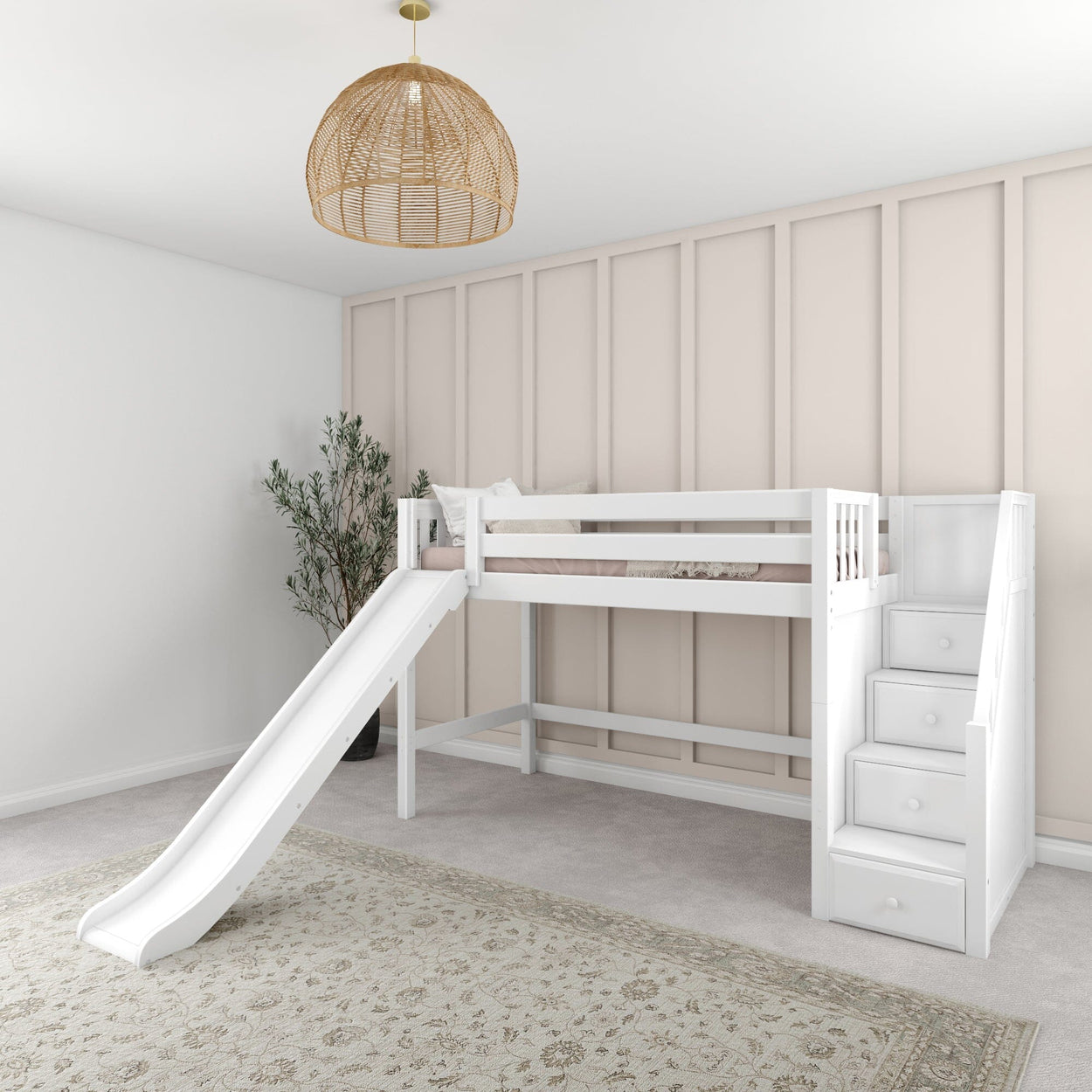 Stylish white loft bed for kids with slide and stairs, ideal for modern children's bedroom design.