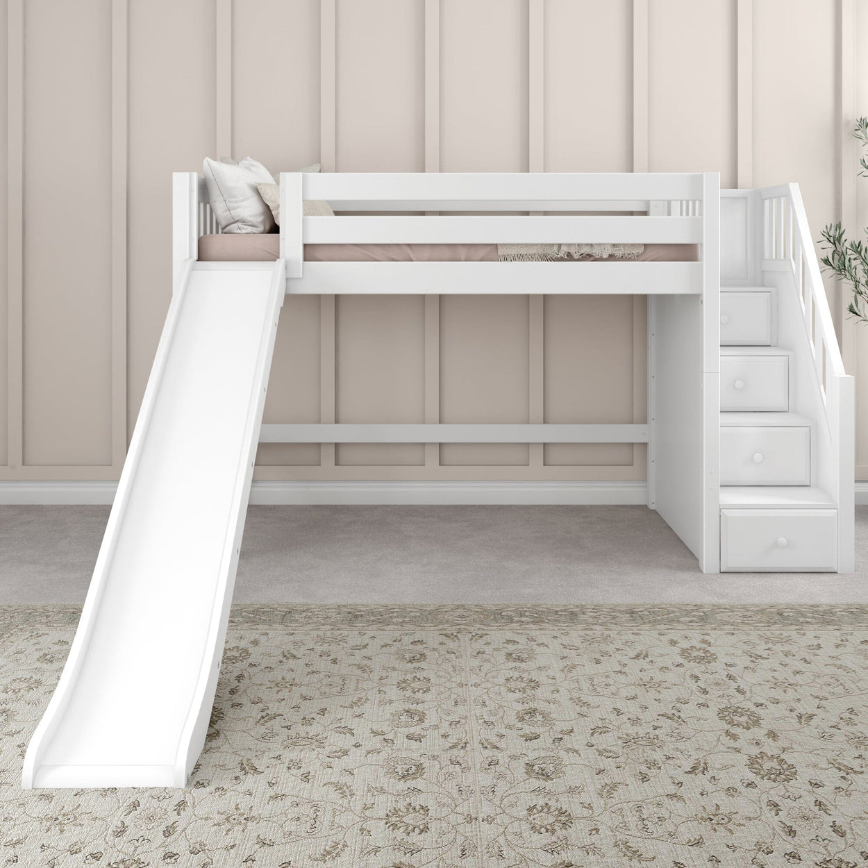 White children's loft bed with slide and storage stairs in a modern bedroom.