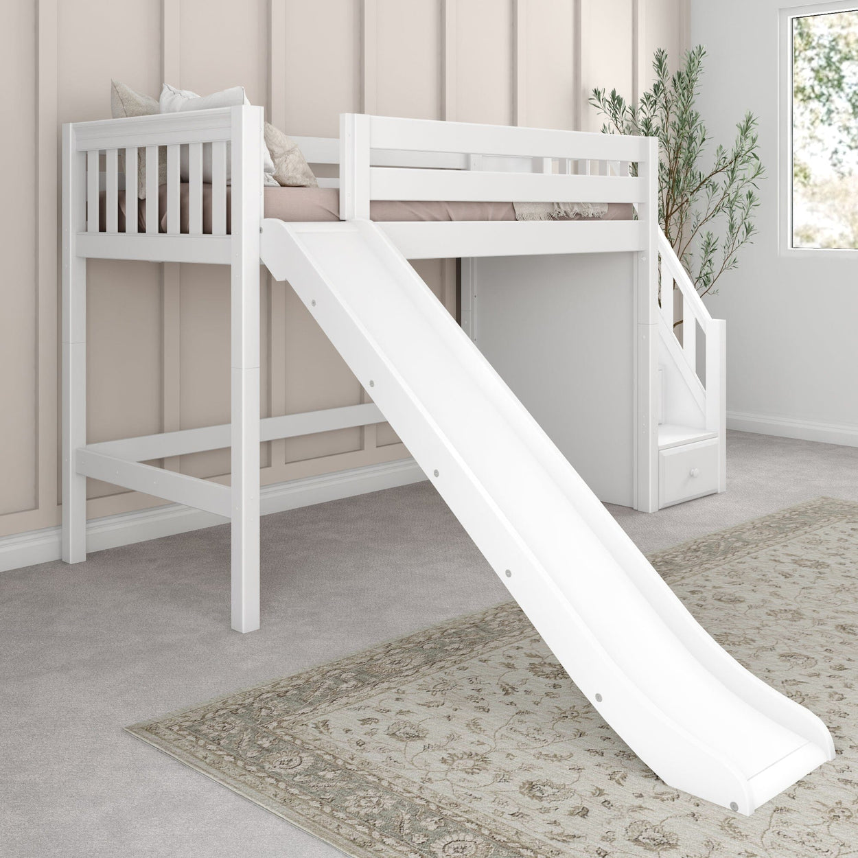 White wooden loft bed with slide in modern children's bedroom.