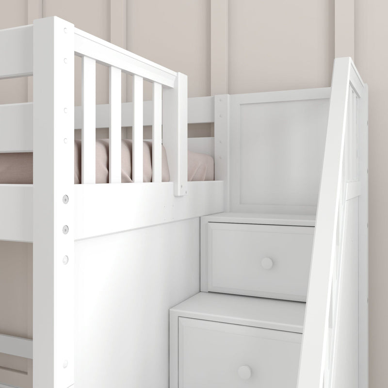 Modern white wooden loft bunk bed with built-in storage staircase, safety rail and neutral beige bedding for kids' bedroom