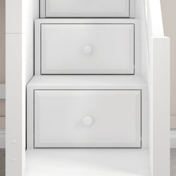 White wooden staircase with built-in storage drawers for space-saving design.