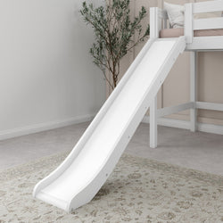White indoor slide attached to loft bed in children's playroom with neutral decor and cozy rug.