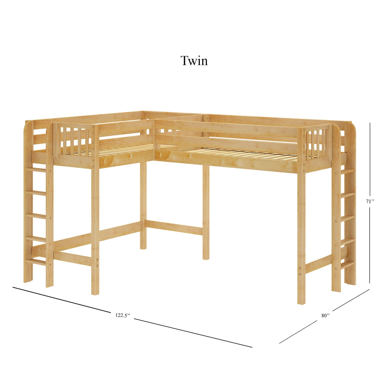 L-shaped wooden twin loft bed with built-in ladders and dimensions displayed.