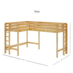 L-shaped wooden twin loft bed with built-in ladders and dimensions displayed.
