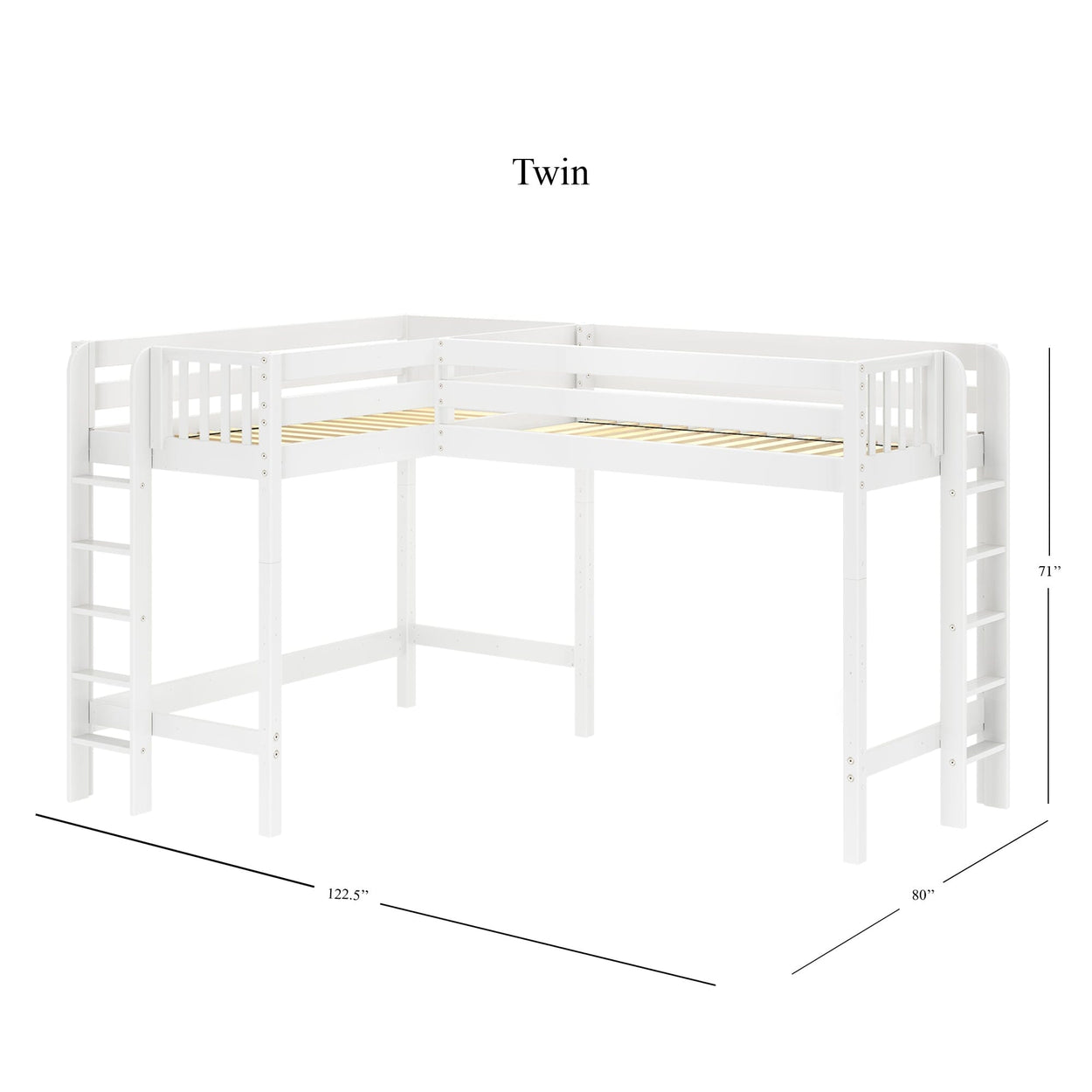 White twin L-shaped bunk bed with ladders and guardrails, dimensions 122.5" x 80" x 71".