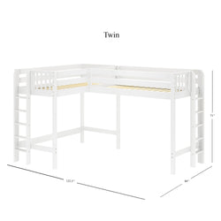White twin L-shaped bunk bed with ladders and guardrails, dimensions 122.5" x 80" x 71".