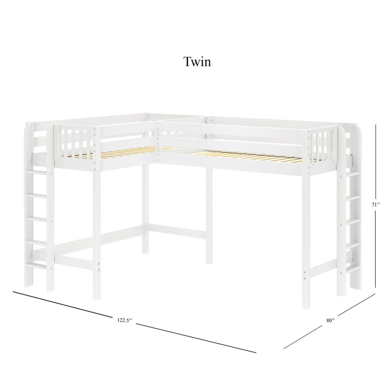 White twin-size wooden loft bed with corner design, featuring ladders on both sides and dimensions of 122.5 inches by 80 inches by 71 inches.